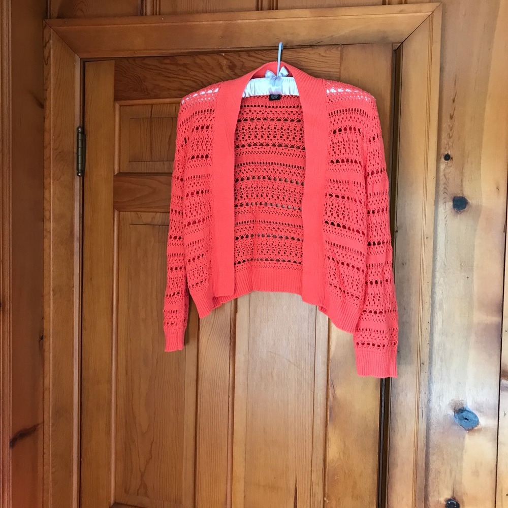 89th & Madison Vibrant Coral Open-Knit Short Cardigan Size Large